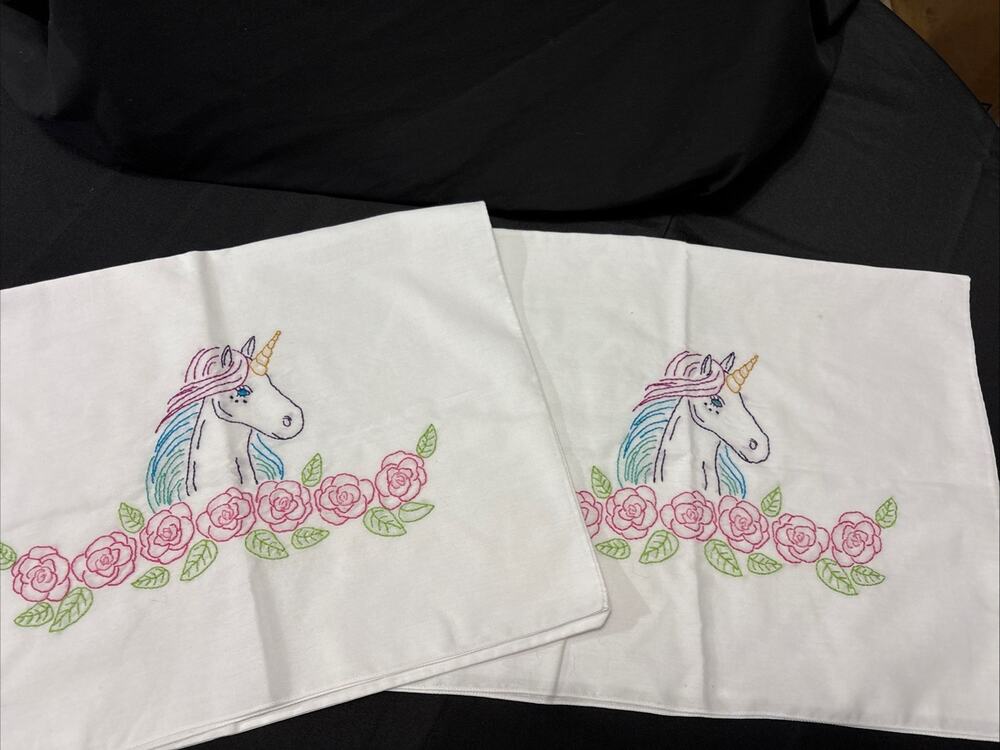 2-homemade Pillowcases With Embroidered Unicorn